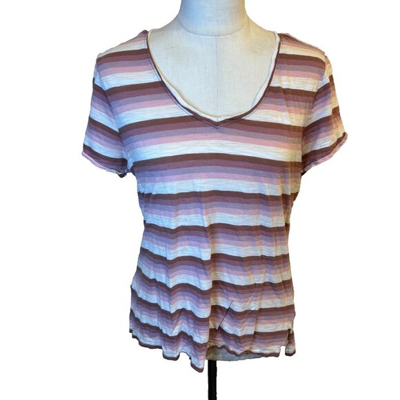 Lucky Brand Women's T-shirt Size Small Pink Striped V-Neck Short Sleeve - Picture 1 of 9